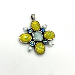 Vintage Style Yellow Crystal Pearl Pendant Silver Tone Statement Jewelry 1 inch‎